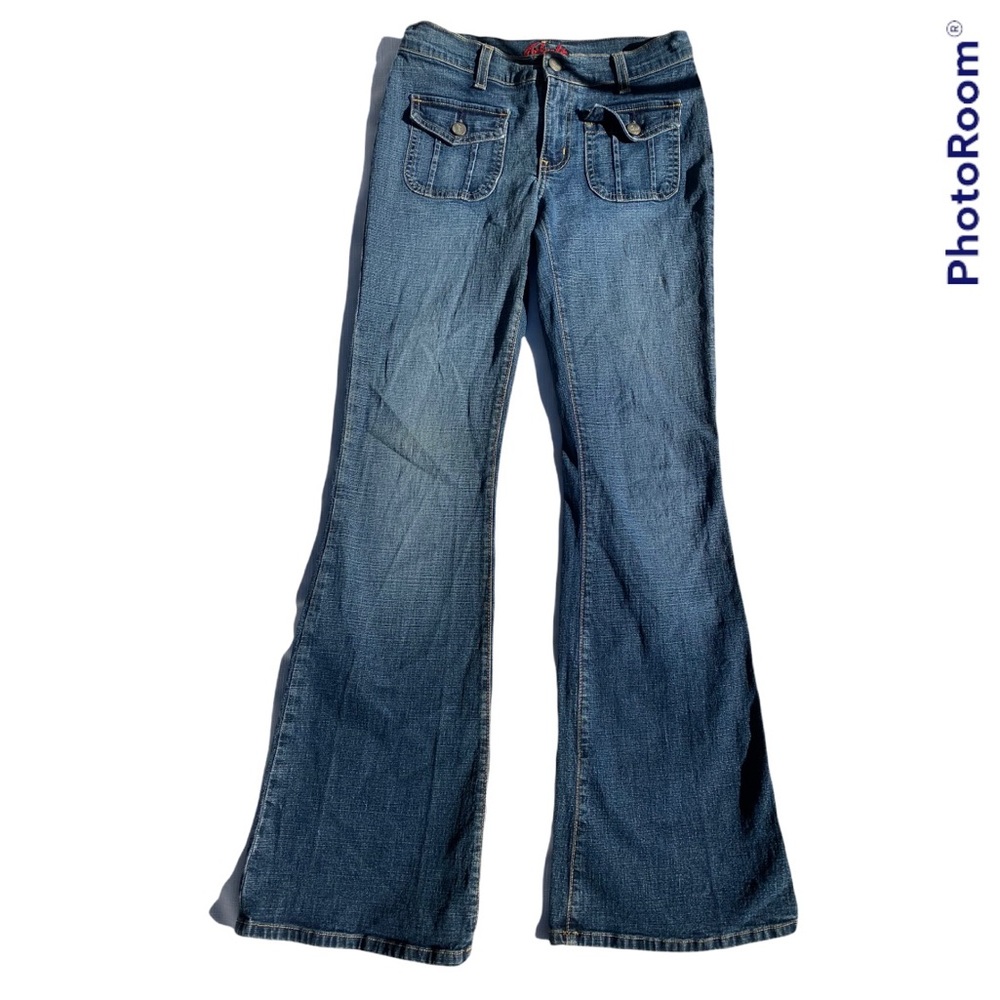 VINTAGE BLUE CULT BOHO HIPSTER FITTED HIGH RISE WIDE LEG FLARE BLUE JEANS - Picture 8 of 15